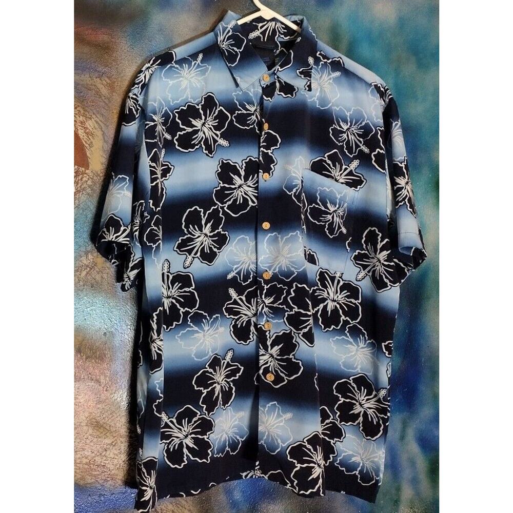 Extreme Gear Blue Hawaiian Shirt Men's Large Striped Black Flower